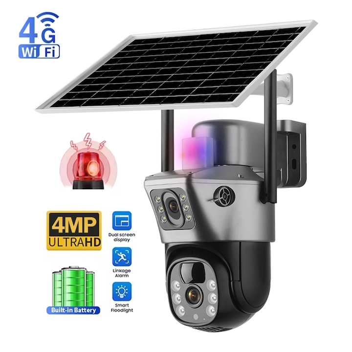 4G napelemes megfigyelőkamera, TehnoTek, dupla lencsés, éjjellátó színes, PTZ, Full HD, 8000mAh akkumulátor, kültéri, napelemes