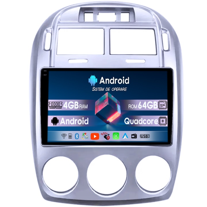 Navigatie dedicata Kia Cerato 2005-2006, 4GB RAM 64GB ROM, Octacore, Display 9" QLED 1K, Carplay, Android 14, Bluetooth, Magazin Play, Suport Camere AHD