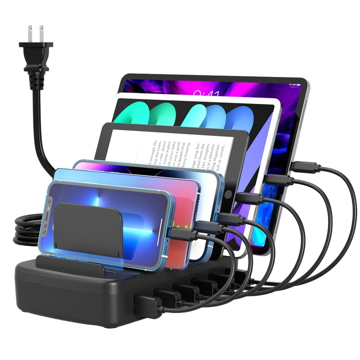 Gyorstöltő állomás, 50W, 6xUSB, fekete, 18x11x1,37cm, komplett szett