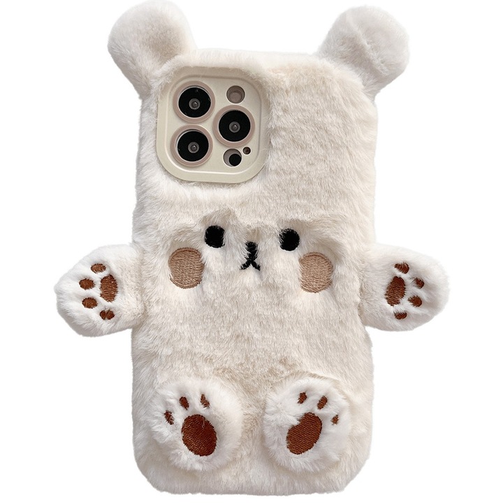 Защитен калъф, Flippy, за Apple iPhone 13 Pro, пухкав мече с уши, ръце и крака, удароустойчив, устойчив на удар, защита на камерата, бял