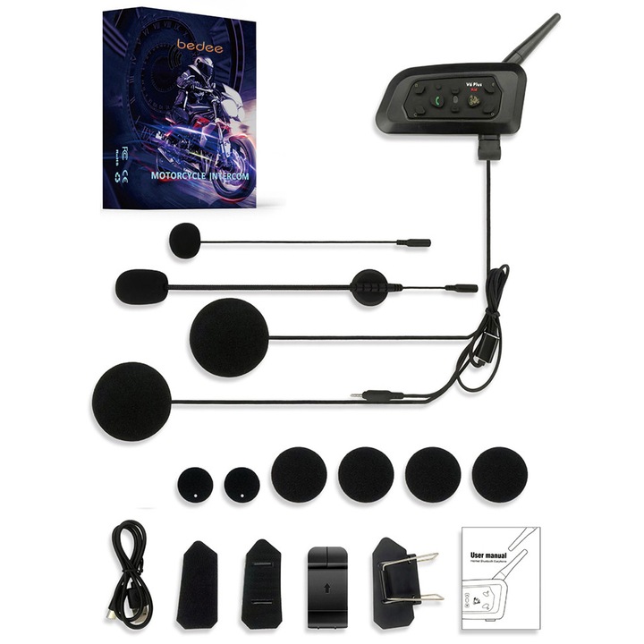 Sistem de comunicare moto EJEAS V6 Plus, Bluetooth 5.1, raza de actiune 1500m, 850 mah, IP65, Negru