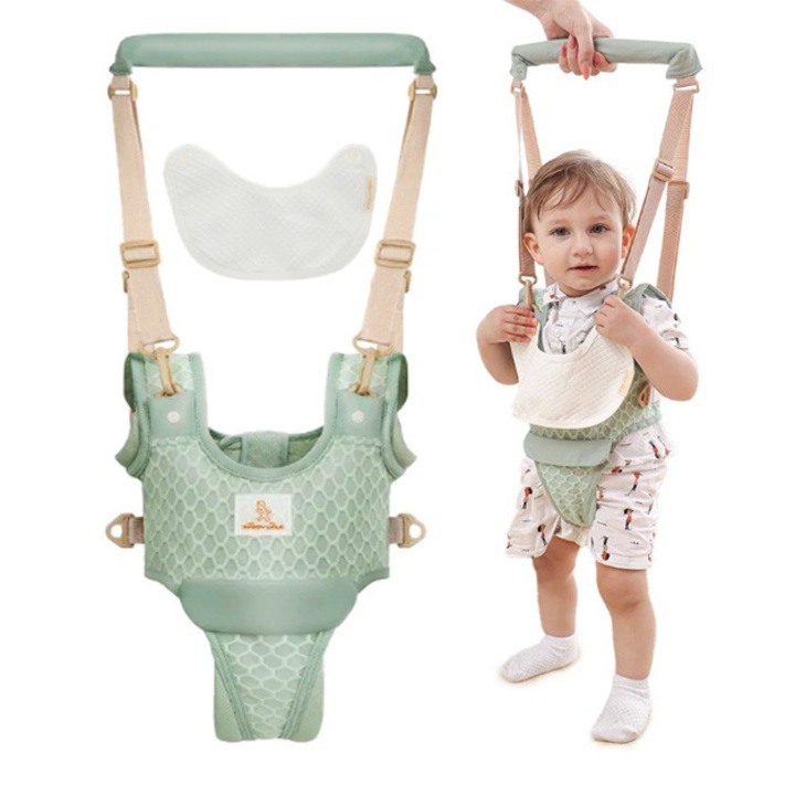 Ham Bebe Premergator Ajustabil, Bust 46-62 cm, cu Suport tip Chilotel Detasabil si baveta, Asistare Mers in Siguranta Walker, Bumbac, Ergonomic, Verde