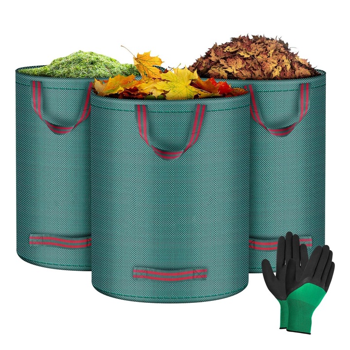 Комплект от 3 градински кошници, с дръжки за носене, сгъваеми, водоустойчиви, за събиране на листа и трева, 84 x 67 см, 300 л, ръкавици за събиране, зелени