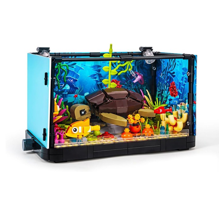 Комплект строителни блокове за аквариум, играчка модел аквариум, 753 части, с LED светлина, многоцветен