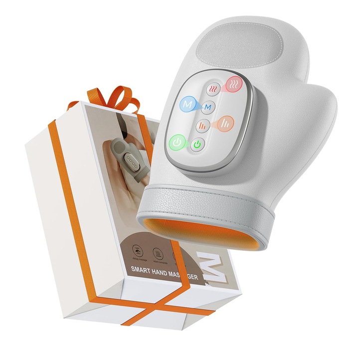 Aparat de Masaj pentru Maini, Portabil si Reincarcabil, 3 Moduri de Masaj, 5 Nivele de Incalzire, Baterie de 2000mAh, pentru Relaxare si Ameliorarea Durerilor, Alb