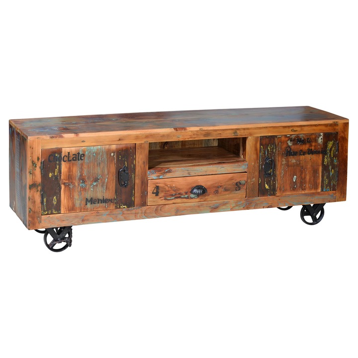 Comoda TV din lemn reciclat, GINER Y COLOMER, 2 usi, 1 sertar, multicolor, 55x160x40cm