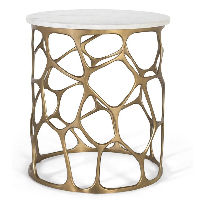 Холна маса GINER Y COLOMER, бял мрамор със сиви жилки, златна метална основа, 48x1.8 см