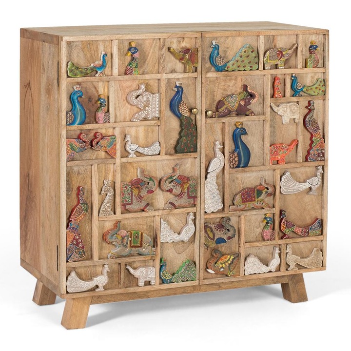 Comoda din lemn de mango natural cu 2 usi, detalii sculptate manual, 4 picioare, GINER Y COLOMER