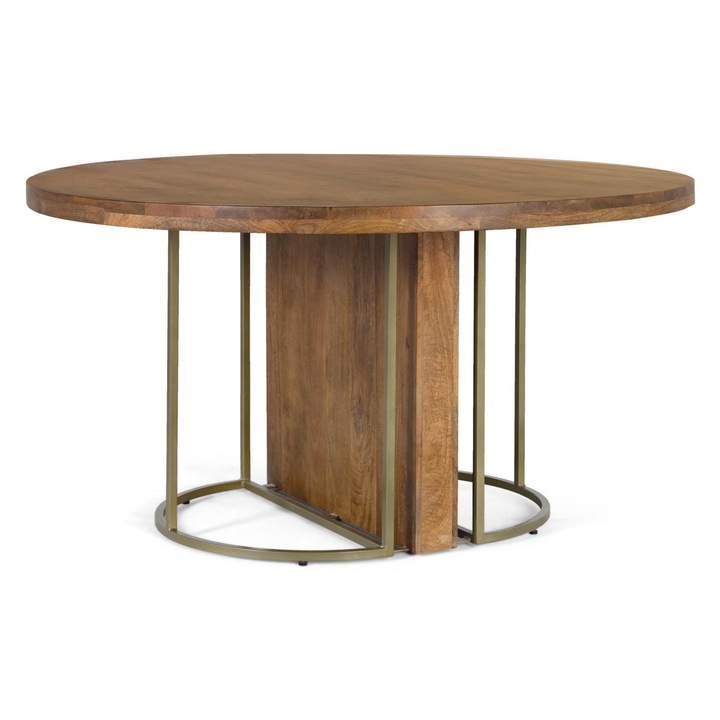 Кръгла трапезна маса, GINER Y COLOMER, 150 см, мангово дърво, цвят авелана, златиста метална основа