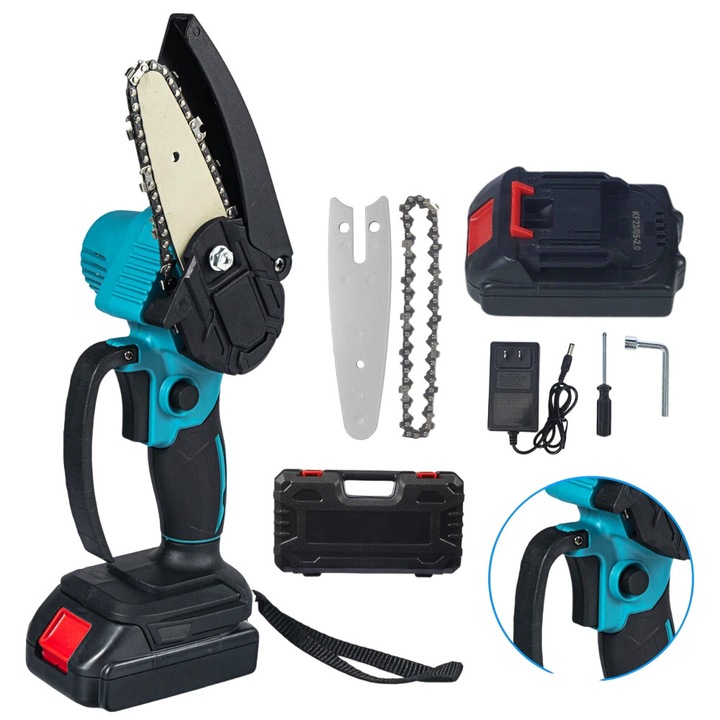 Mini Drujba Electrica de 6 inch, OPTIM SOLUTION, cu 1 Acumulator Reincarcabil Li-Ion, Taiere Rapida Lemn, Crengi, Motor Puternic, Consum Redus, Lucrari de Gradinarit, Tamplarie, Bricolaj, Lant Otel, Sistem de Protectie, Viteza Optimizata, Albastru