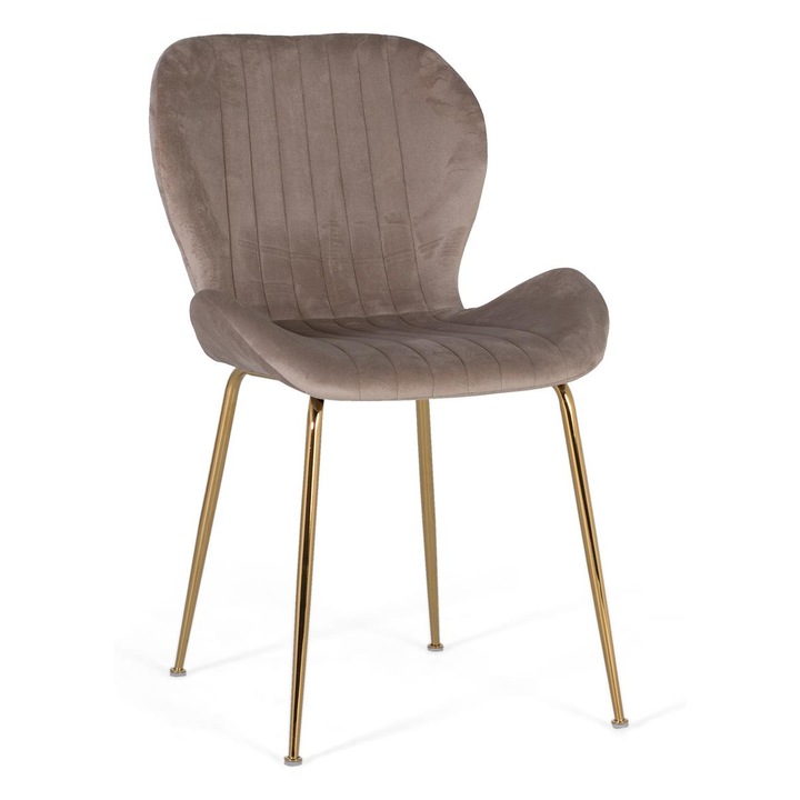 Set de 4 scaune tapizate in terciopelo gri deschis, cu structura din otel aurit, 40x46cm, 50x38cm, inaltime picioare 45cm