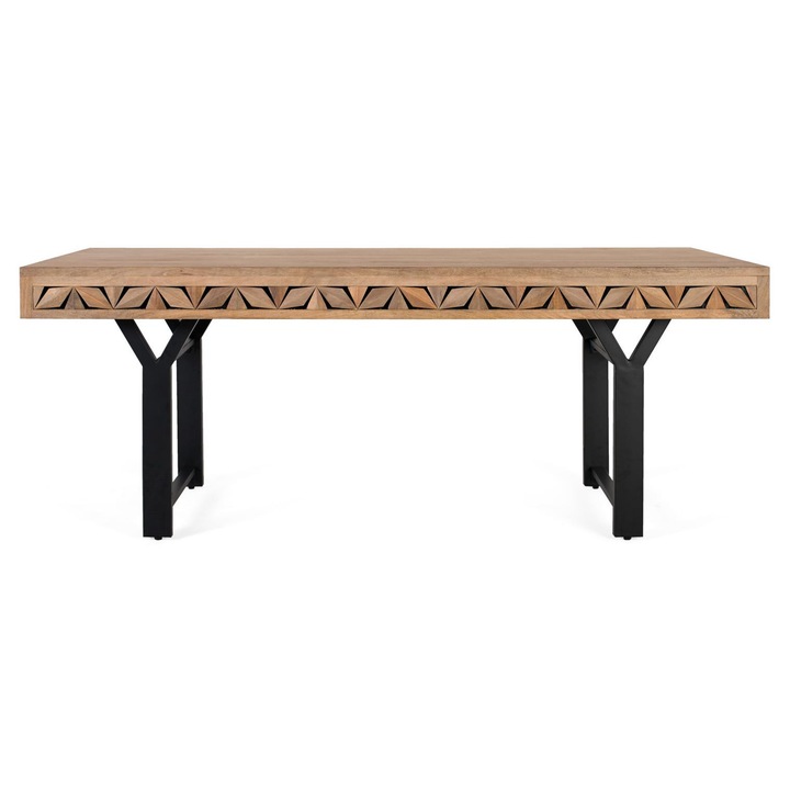 Правоъгълна трапезна маса GINER Y COLOMER, мангово дърво, 200x100см, геометрични детайли, желязна основа
