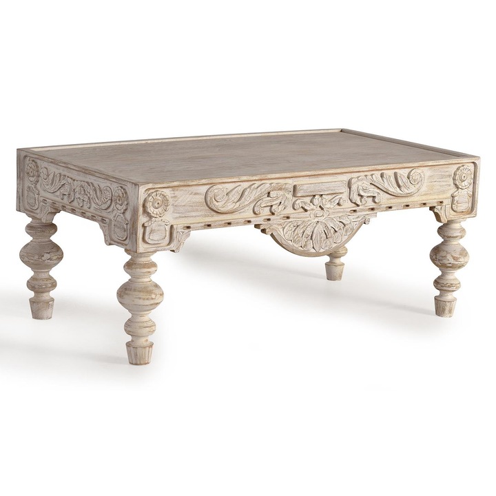 Masa de cafea din lemn de mango, GINER Y COLOMER, detalii sculptate, alb, 46x110x60cm