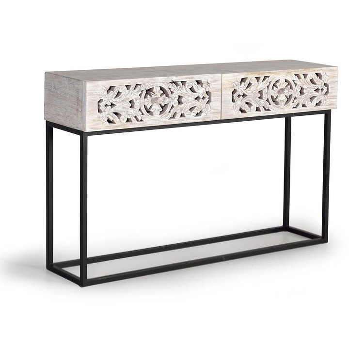 Consola din lemn de mango, Giner y Colomer, cu picioare metalice, alb/negru, 77x120x30cm