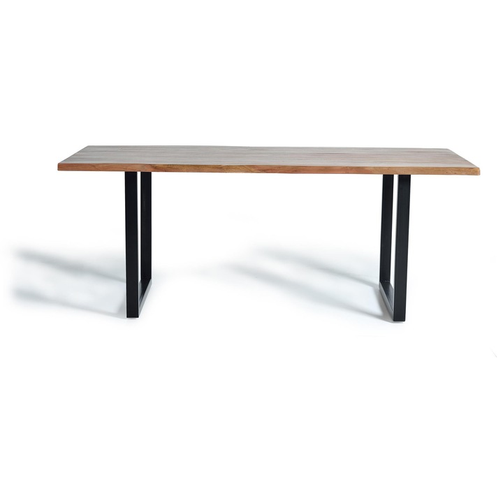 Masa de dining din lemn de acacia natural cu picioare din metal negru, set de 2 piese, nuc inchis