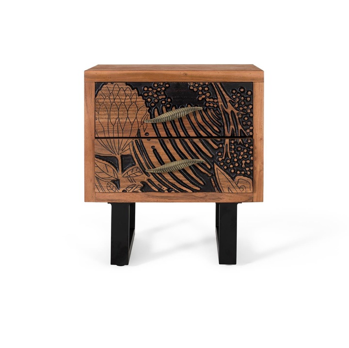 Noptiere GINER Y COLOMER, 2 cajones, lemn de acacia, metal, 56x50x40cm