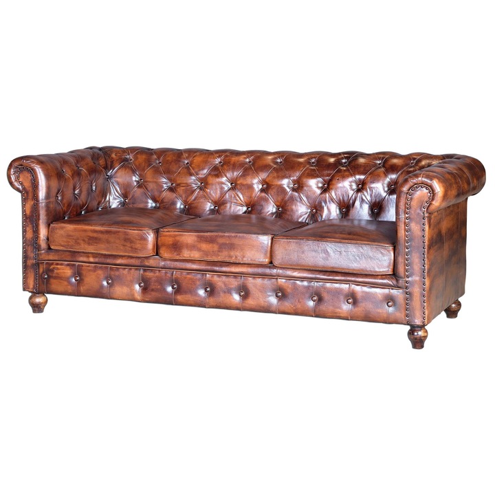 Canapea Chester, GINER Y COLOMER, piele maro, 3 locuri, 76x200x85cm