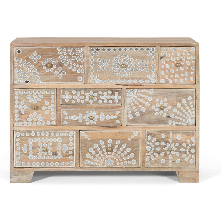 Скрин, от мангово дърво, десет чекмеджета, ръчно рисувани детайли, естествен цвят