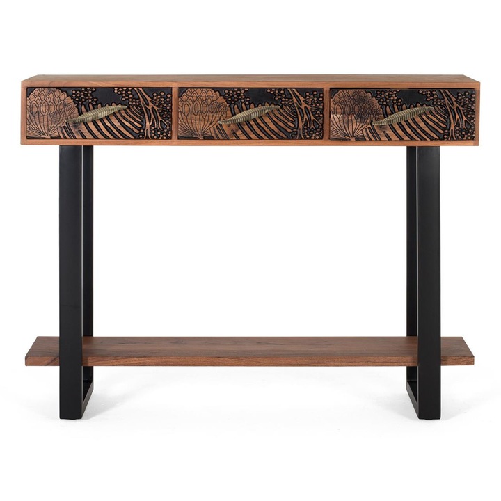 Consola din lemn masiv de acacia, GINER Y COLOMER, 3 cajones, natural si negru, 91x120x35cm