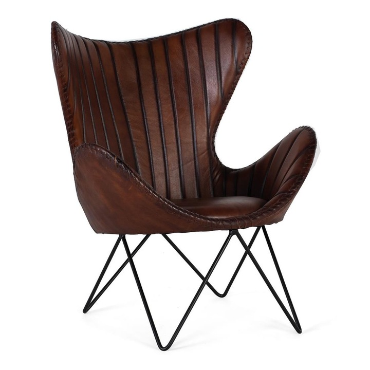 Fotoliu GINER Y COLOMER, piele naturala, metal, 100x83x77cm, maro