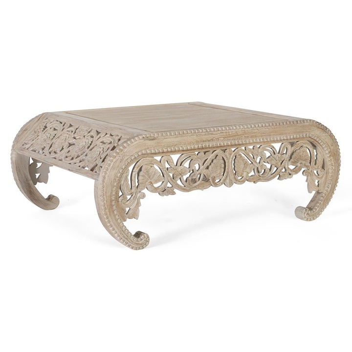 Masa de centru GINER Y COLOMER din lemn de mango alb decapat, detalii sculptate manual, 20x20cm