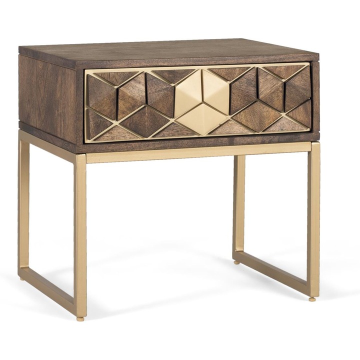 Noptiera GINER Y COLOMER, 1 sertar, lemn de mango, metal auriu, 49x51x40cm