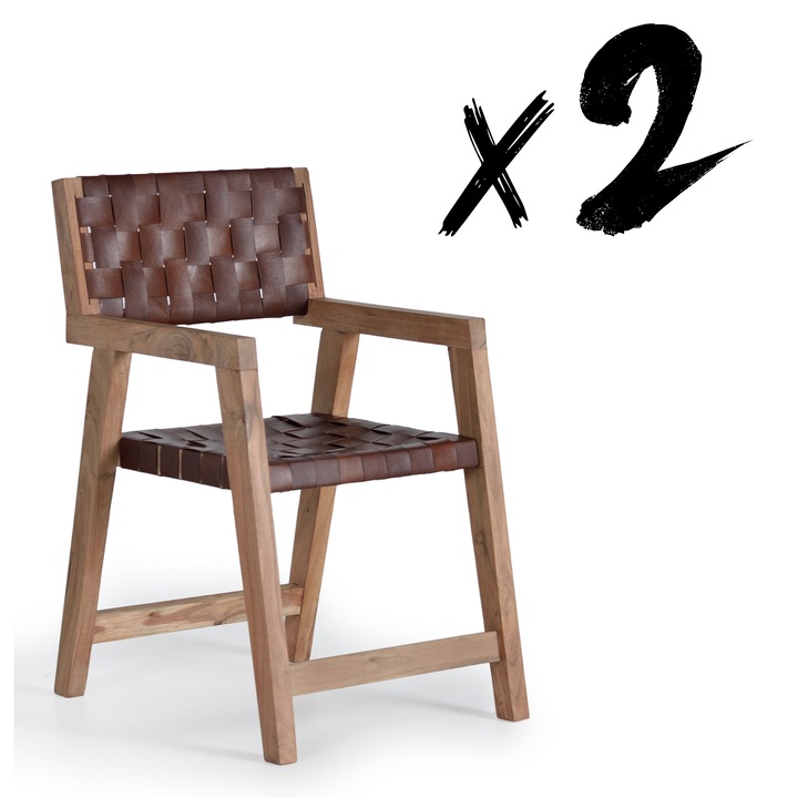 Set de scaune din lemn de mango si piele naturala, culoare marron, 45x44cm, inaltime 47cm