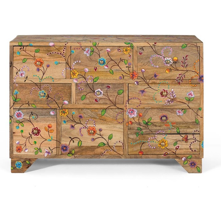 Mangófa fiókos szekrény 10 fiókkal, kézzel festett virágokkal, 6x1,6 cm