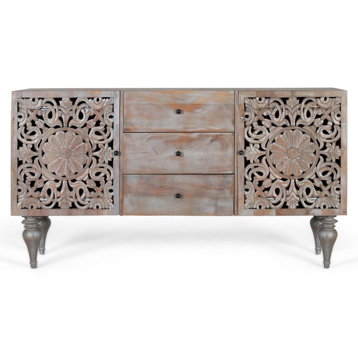 Comoda din lemn de mango cu doua usi sculptate manual, GINER Y COLOMER, 3 sertare, gri decapat, 18x49cm