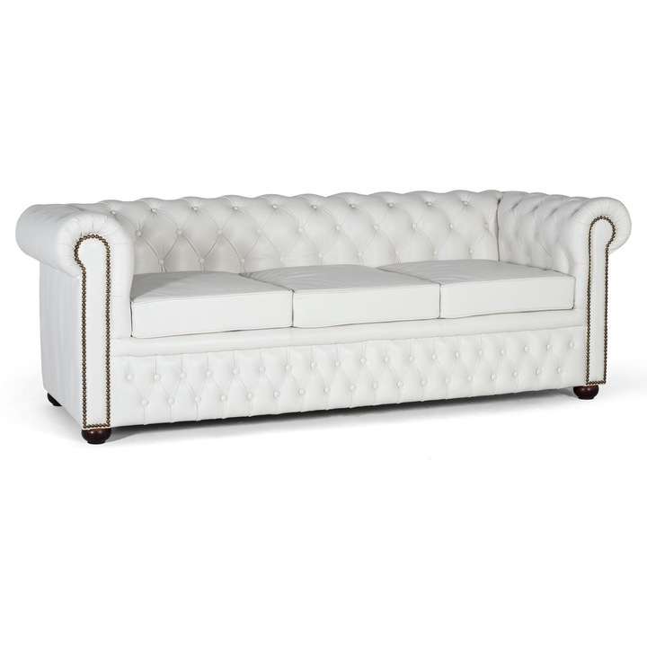 Canapea Chester, GINER Y COLOMER, 3 locuri, piele alba, 54x58cm, 29cm inaltime spatar