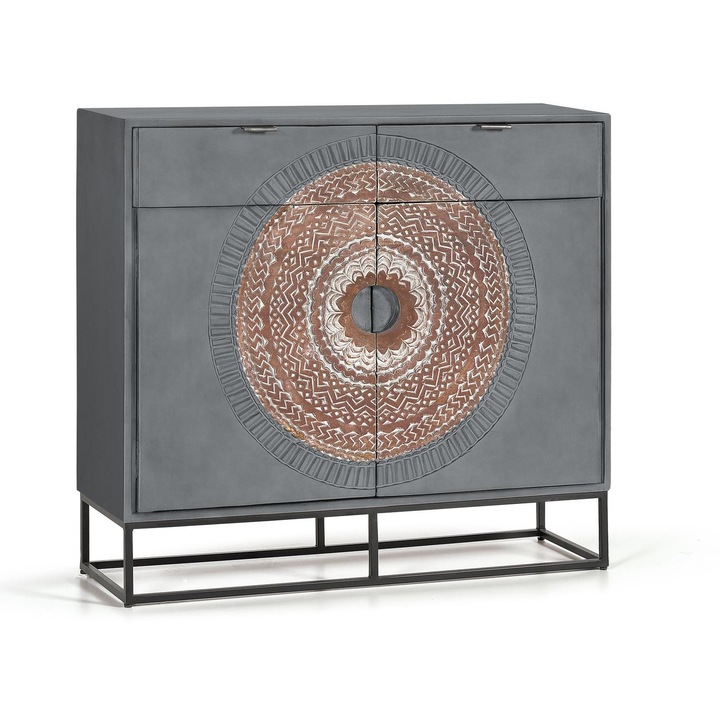 Consolă GINER Y COLOMER, lemn de mango, 2 uși, 2 sertare, gri