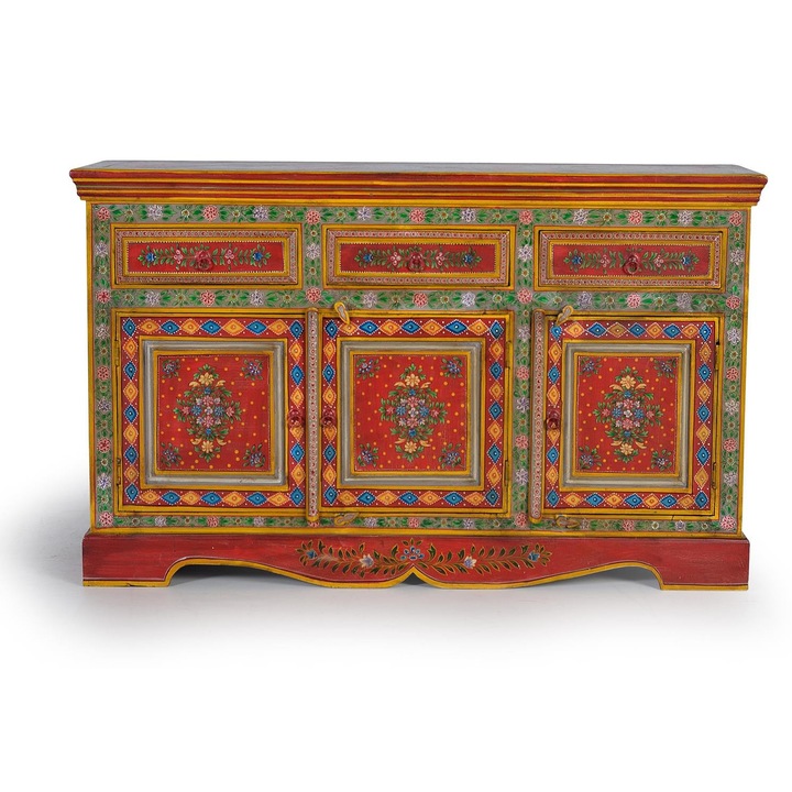 GINER Y COLOMER kézzel festett tálalószekrény, mangófa/MDF, 3 ajtó, 3 fiók, többszínű, 86x140x40cm