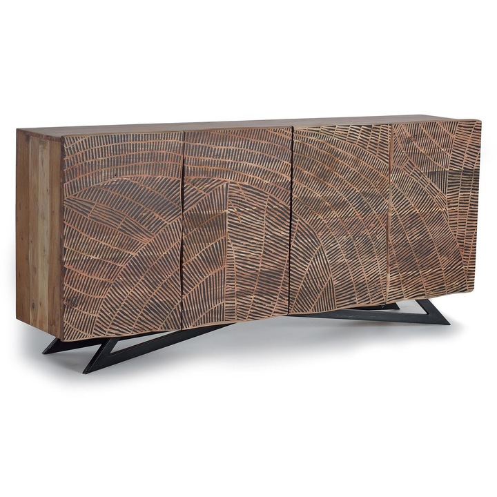 Comoda din lemn de acacia cu 4 usi, Giner y Colomer, picioare din metal, finisaj negru, 90x200x40cm