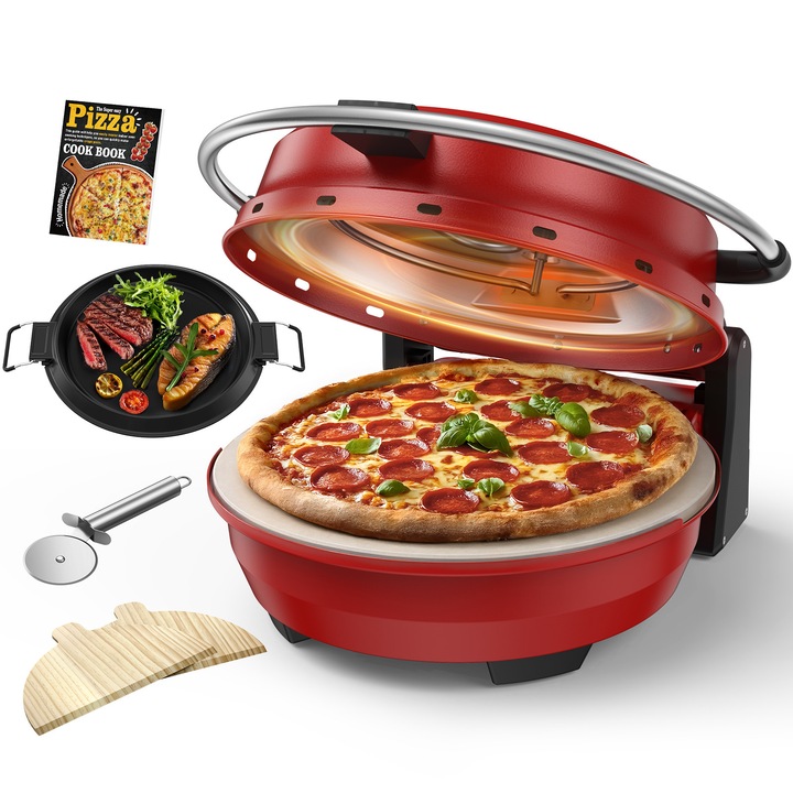 AIRMSEN 2 az 1-ben elektromos pizzasütő grillsütővel, 1500 W, pizza 4 perc alatt, 32 cm-es kerámia kőlap, 425 °C, kettős hőmérséklet-szabályozás a ropogós kéregért