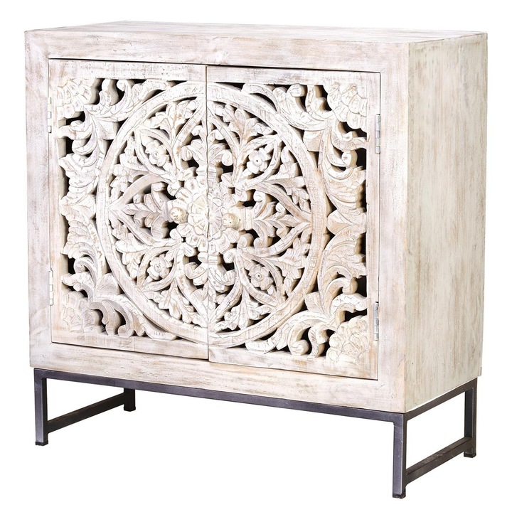 Comodă GINER Y COLOMER, lemn de mango, alb, picioare metalice negre, 80x80x35cm