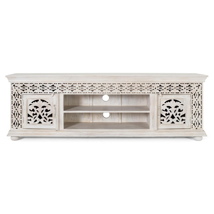 Comoda TV din lemn de mango, GINER Y COLOMER, alb imbatranit, 2 usi, 60x180x40cm