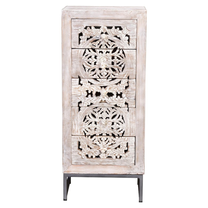 Comoda 5 sertare, GINER Y COLOMER, lemn de mango, alb imbatranit, 105x45x35cm