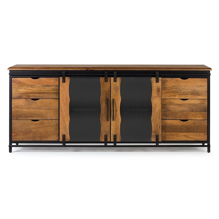 GINER Y COLOMER komód, 2 tolóajtós, 6 fiókos, natúr és fekete, 80x190x40cm