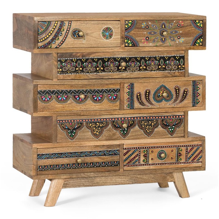 Comoda din lemn de mango, 8 sertare, detalii pictate manual, 9x30cm, 9x47cm