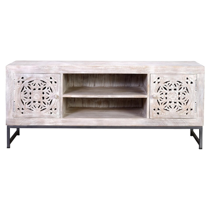Comoda TV din lemn de mango cu 2 usi, picioare metalice negre, finisaj alb spalat, 55x130x40cm