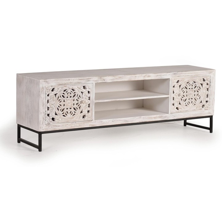 Comodă TV GINER Y COLOMER din lemn de mango sculptată manual, 2 uși, raft central, picioare metalice, 55x170x40 cm