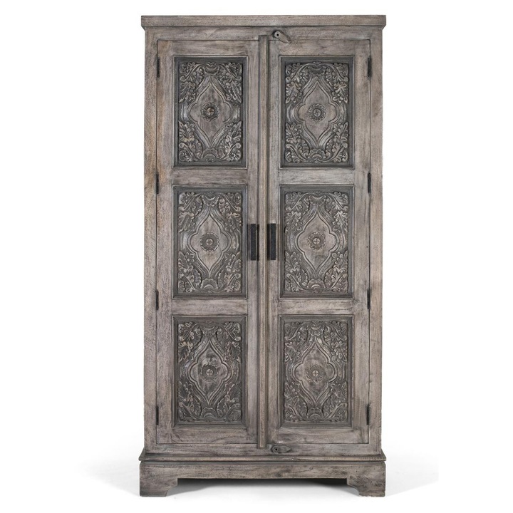 Dulap din lemn masiv de mango, GINER Y COLOMER, gri, cu 4 rafturi si bara de umerase, 100x42x196 cm