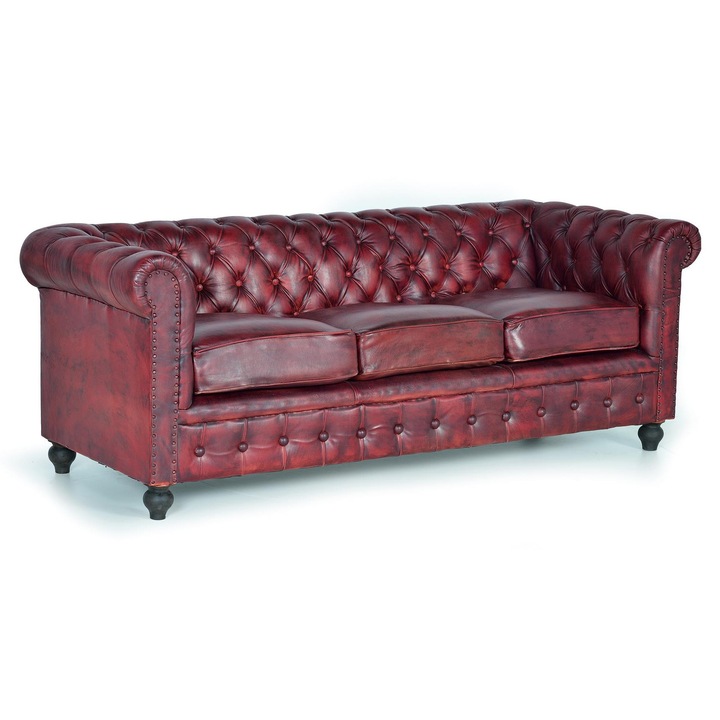 Canapea Chester 3 locuri, GINER Y COLOMER, piele naturala, maro, 200x86x72 cm