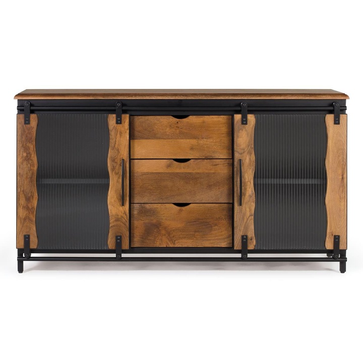 GINER Y COLOMER fiókos szekrény, mangófa és fém, 2 tolóajtó, 3 fiók, natúr/fekete, 150x80x40cm