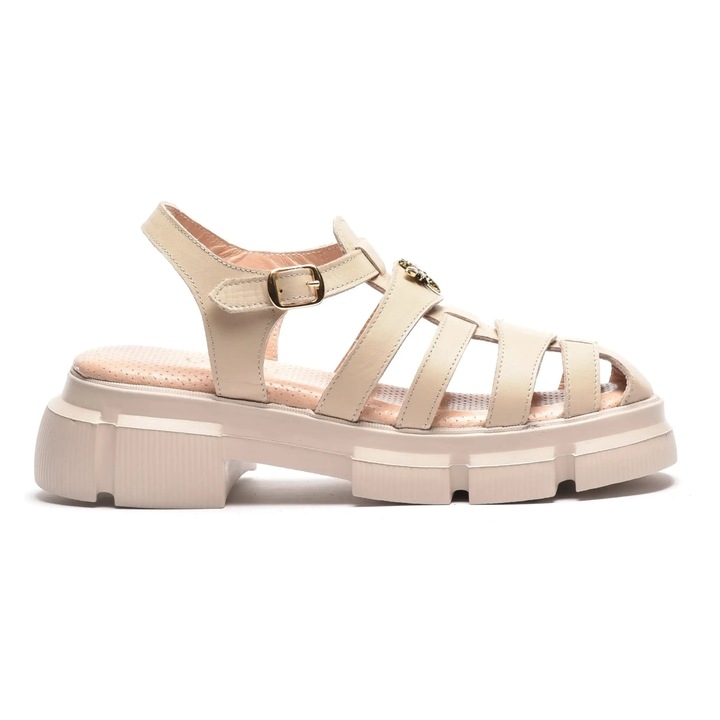 Дамски сандали с каишки и перфорирана стелка, изработени от бежова естествена кожа, дебела подметка Emily, Бежов