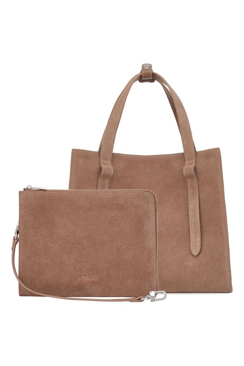 Potamy, Geanta shopper din piele intoarsa cu etui, Maro deschis