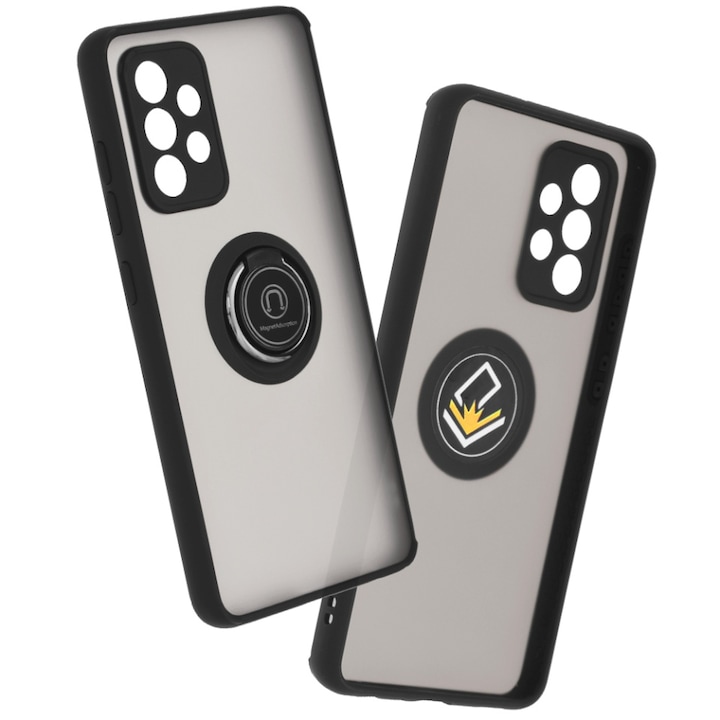 Husa pentru Samsung Galaxy A52 5G / Galaxy A52 4G / Galaxy A52s 5G, SKYDDAR INNOVATION, Glinth cu Inel Rotativ 360° Magnetic, Negru, set cu sticker