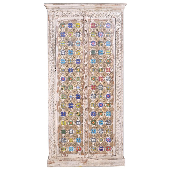 Dulap din lemn de mango Giner y Colomer, detalii din ceramica, 2 usi, multicolor, 90x50x180 cm