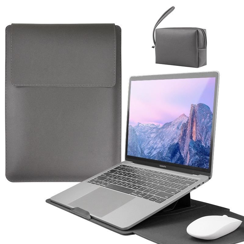 Husa Laptop cu suport pliabil, 13-14 inch cu MacBook Air, MacBook Pro, Piele Ecologica, Marime Universala, 33.5x25.3cm, Gri