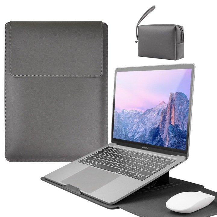 Laptoptáska összecsukható állvánnyal, 13-14 hüvelykes MacBook Air, MacBook Pro készülékekhez, ökobőr, univerzális méret, 33,5x25,3cm, szürke